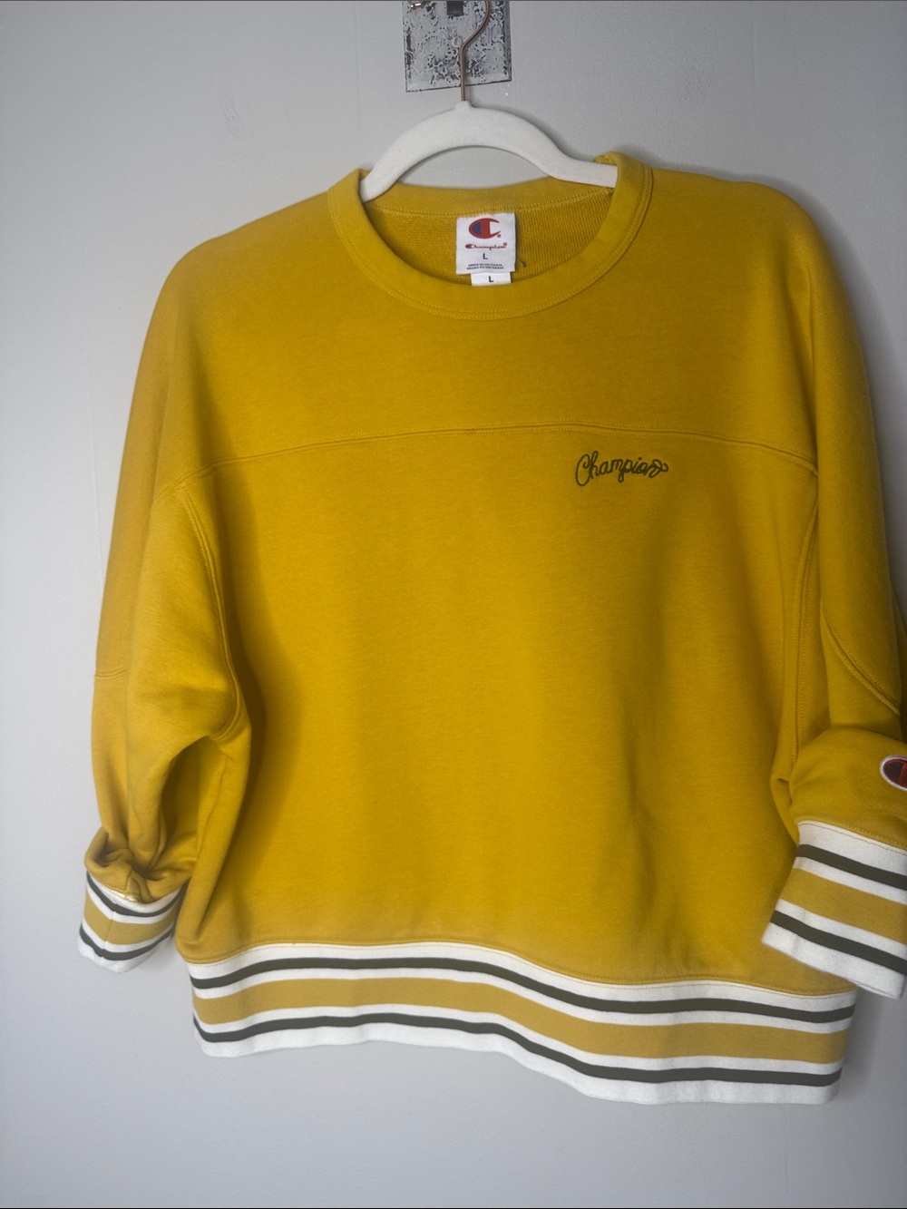 Champion Women's Golden Yellow Crewneck Sweatshirt with Striped Hem